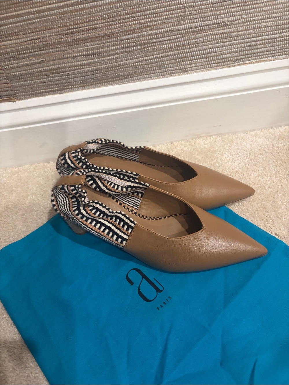 Tan Pointed-Toe Women’s Flats with Patterned Elastic Heel